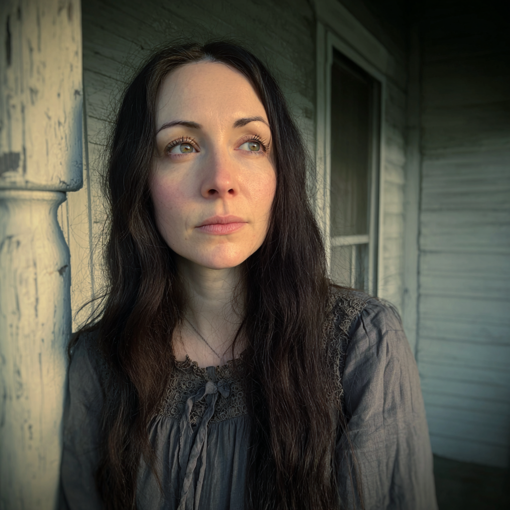 Una mujer pálida de pie en un porche | Fuente: Midjourney