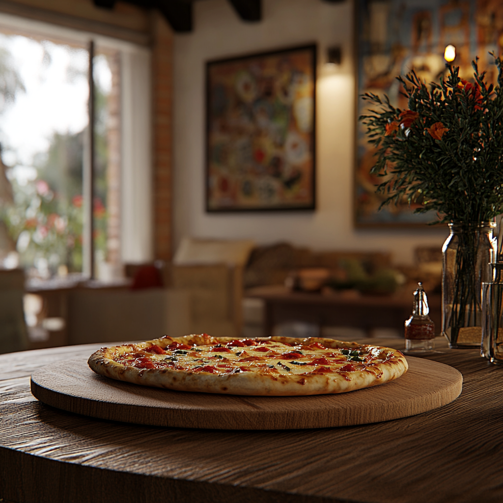 Una pizza sobre una mesa | Fuente: Midjourney