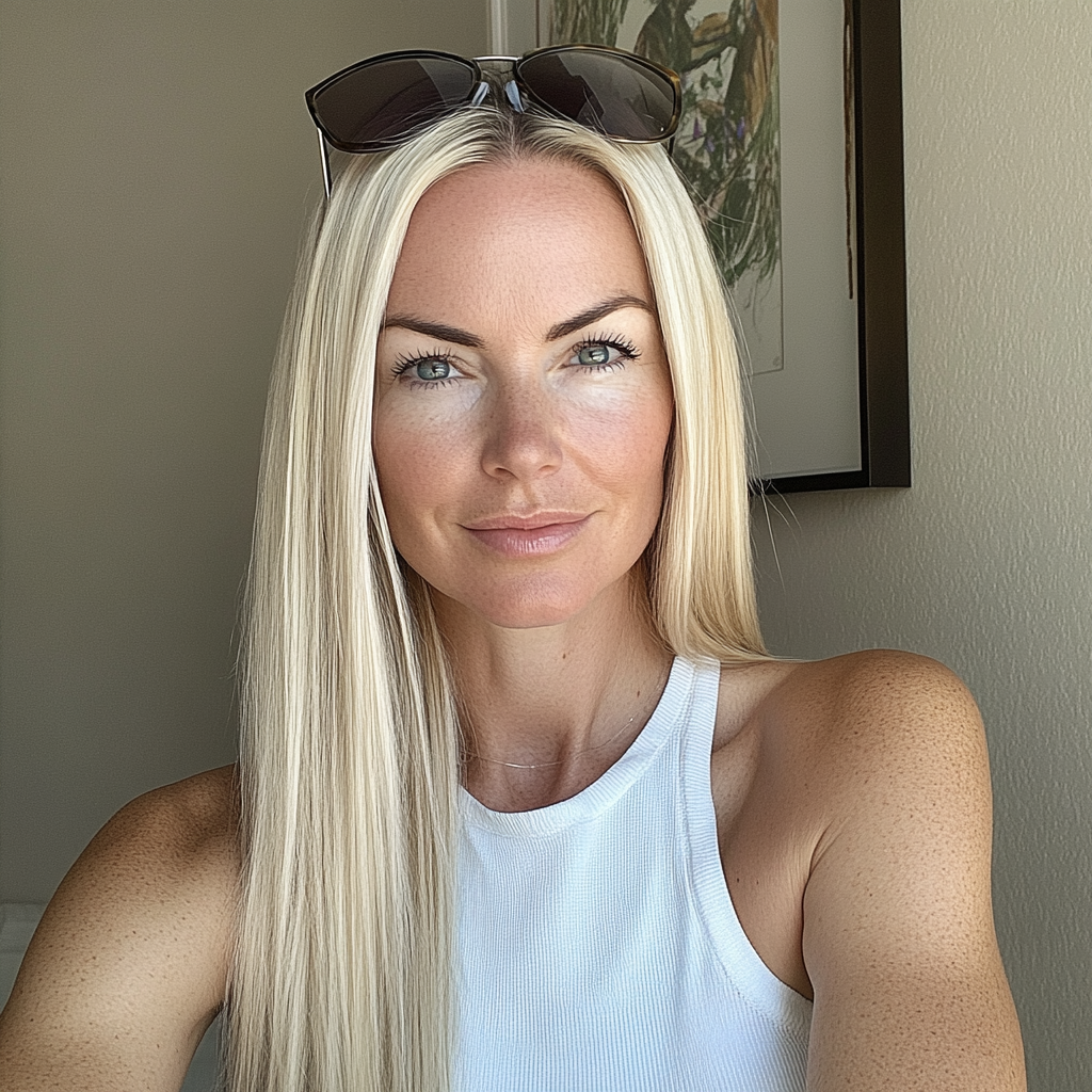 Una mujer rubia con gafas de sol en la cabeza | Fuente: Midjourney