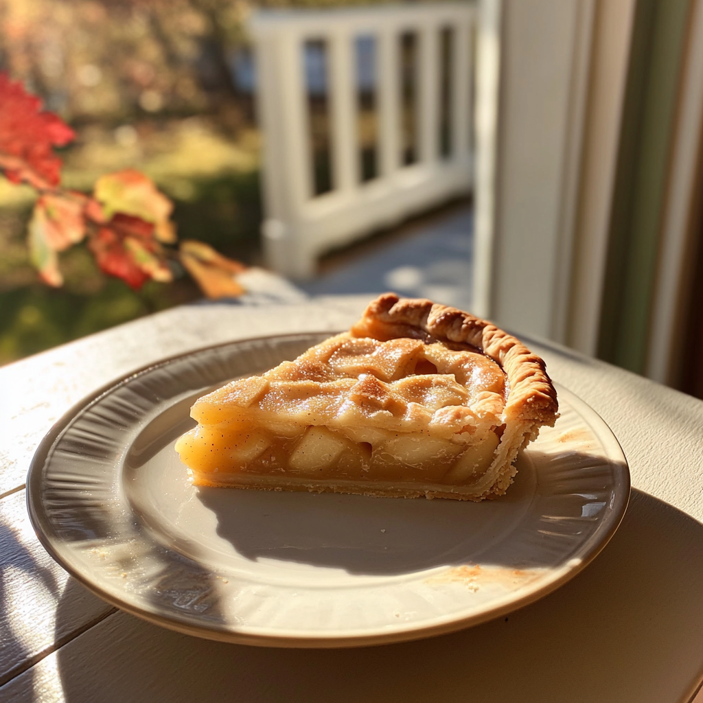 Una porción de tarta de manzana en un plato | Fuente: Midjourney