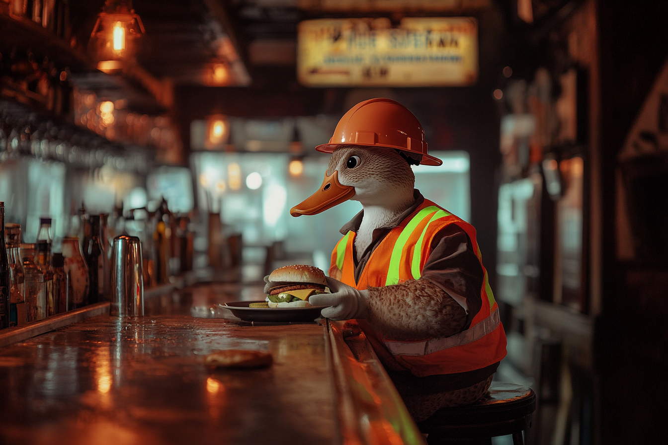 Un pato con uniforme de obrero de la construcción sentado en un bar comiendo un bocadillo | Fuente: Midjourney