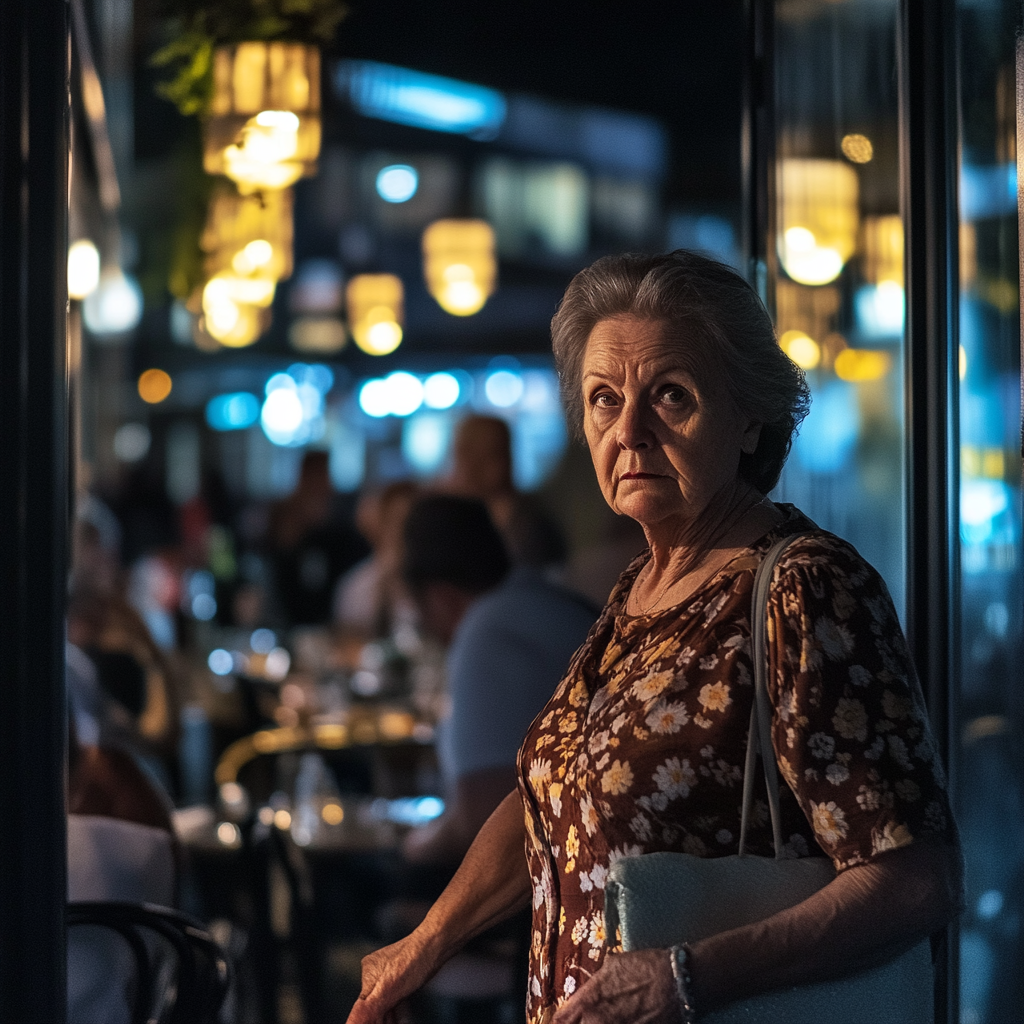 Una mujer con vestido entrando en un restaurante | Fuente: Midjourney