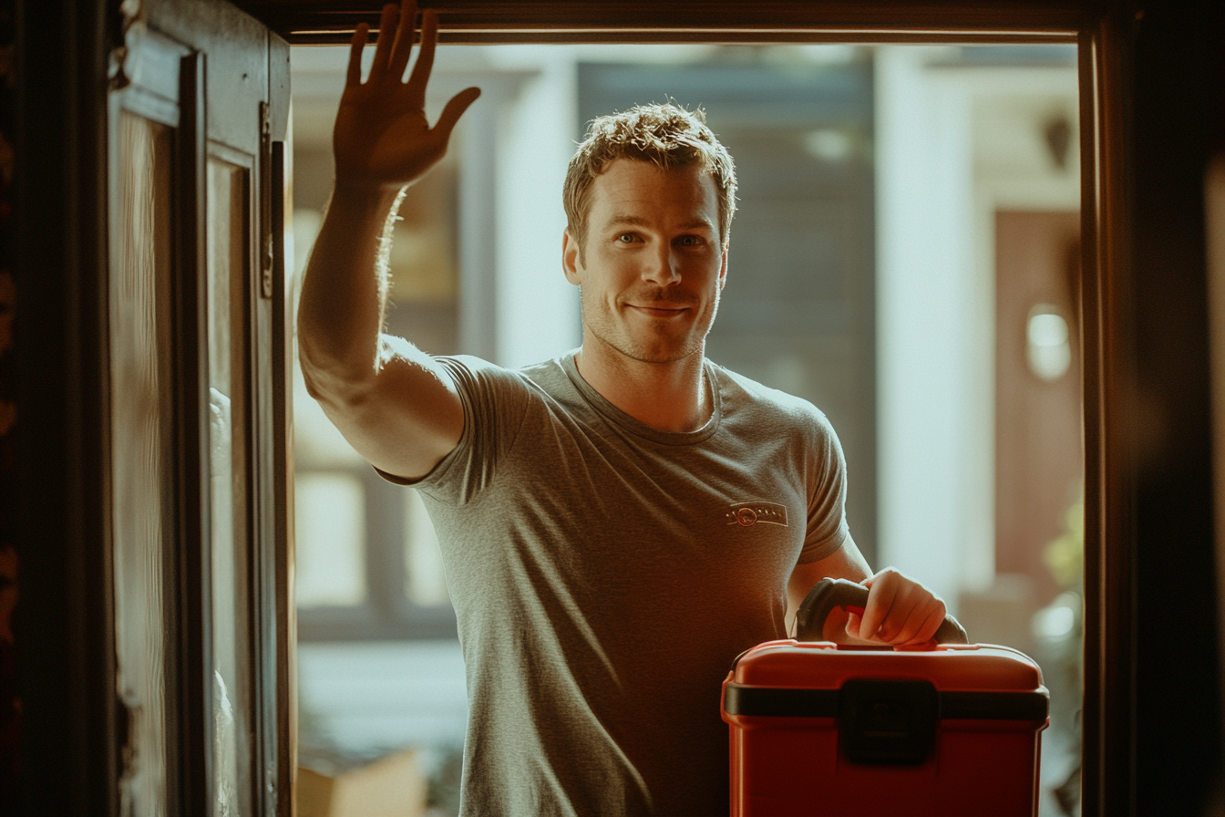 Un hombre guapo en un portal diciendo adiós, llevando una caja de herramientas | Fuente: Midjourney