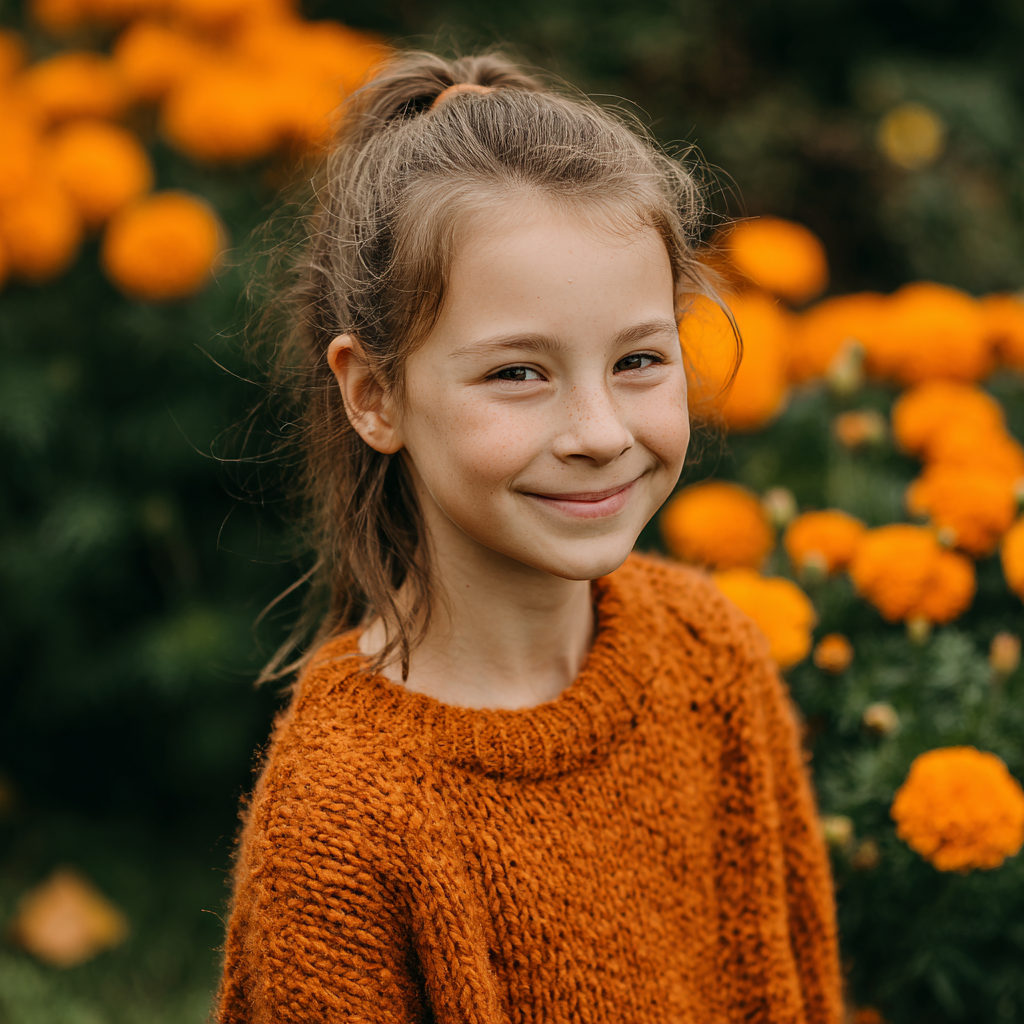 Una niña sonriente de pie en un jardín | Fuente: Midjourney