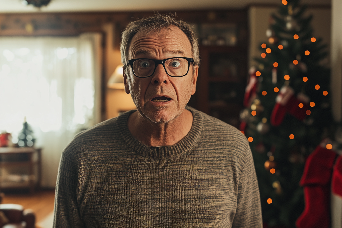 Un hombre conmocionado en un salón decorado para Navidad | Fuente: Midjourney