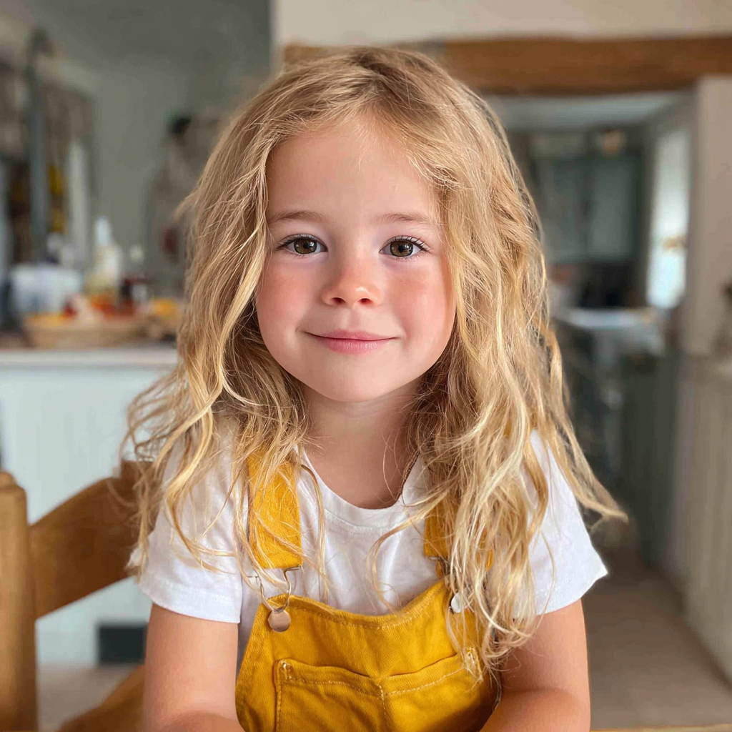 Una bambina sorridente seduta a un tavolo | Fonte: Midjourney