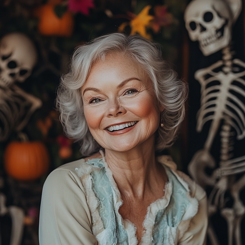 Una alegre señora mayor en Halloween | Fuente: Midjourney