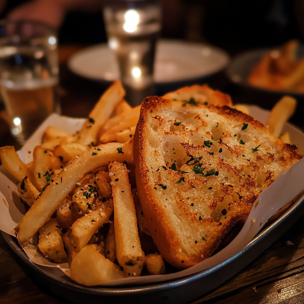 Papas fritas y pan de ajo en la mesa de un restaurante | Fuente: Midjourney