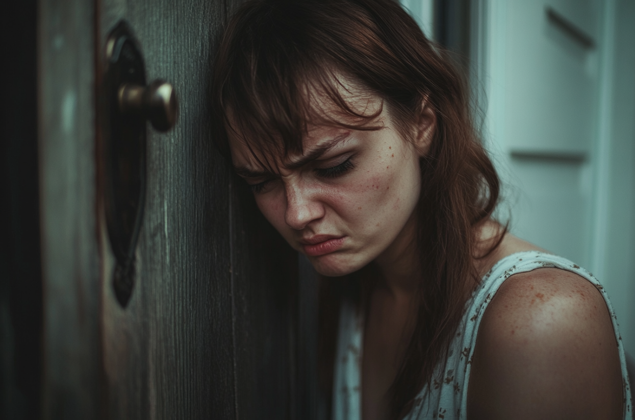 Una mujer emocionada apoyada en una puerta | Fuente: Midjourney