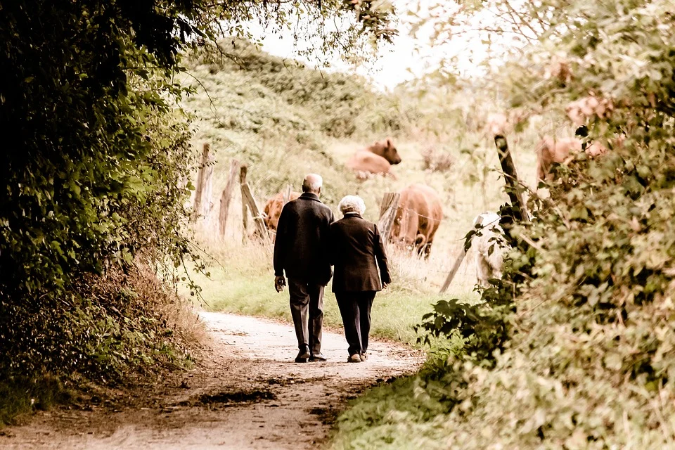 Pareja de abuelos caminando por el campo. | Foto: Pixabay