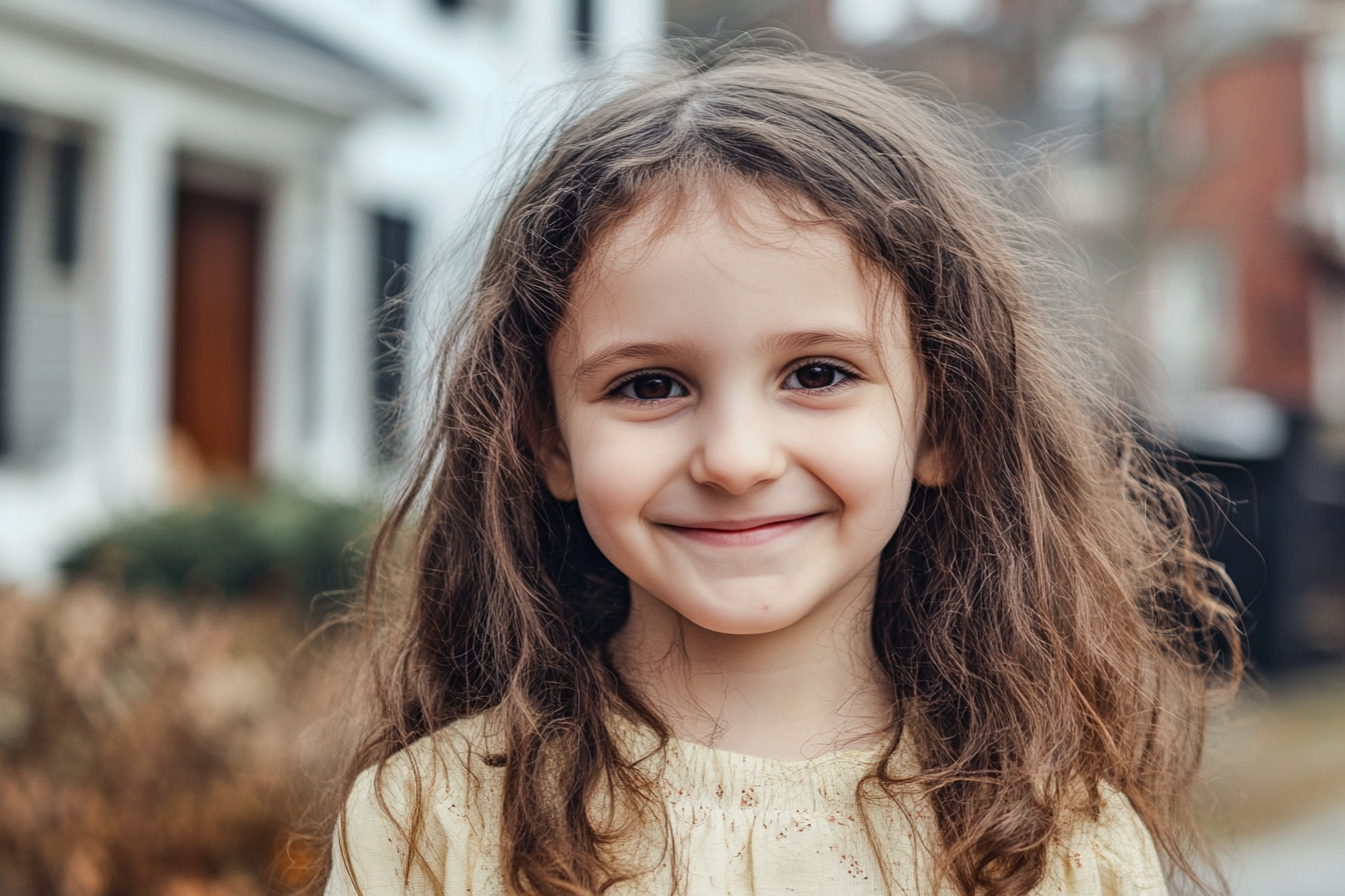 Una niña de pie en su barrio, sonriendo | Fuente: Midjourney