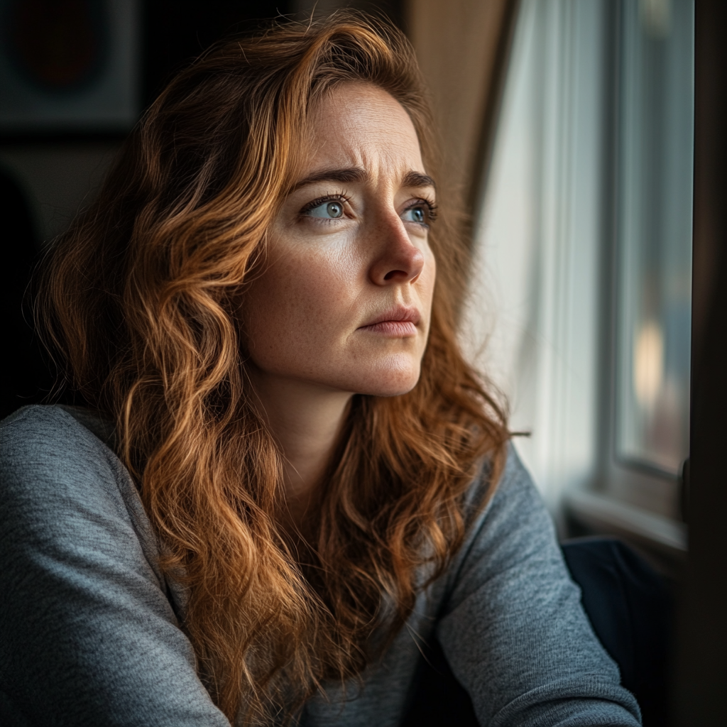 Una mujer pensativa mirando por la ventana de su habitación | Fuente: Midjourney