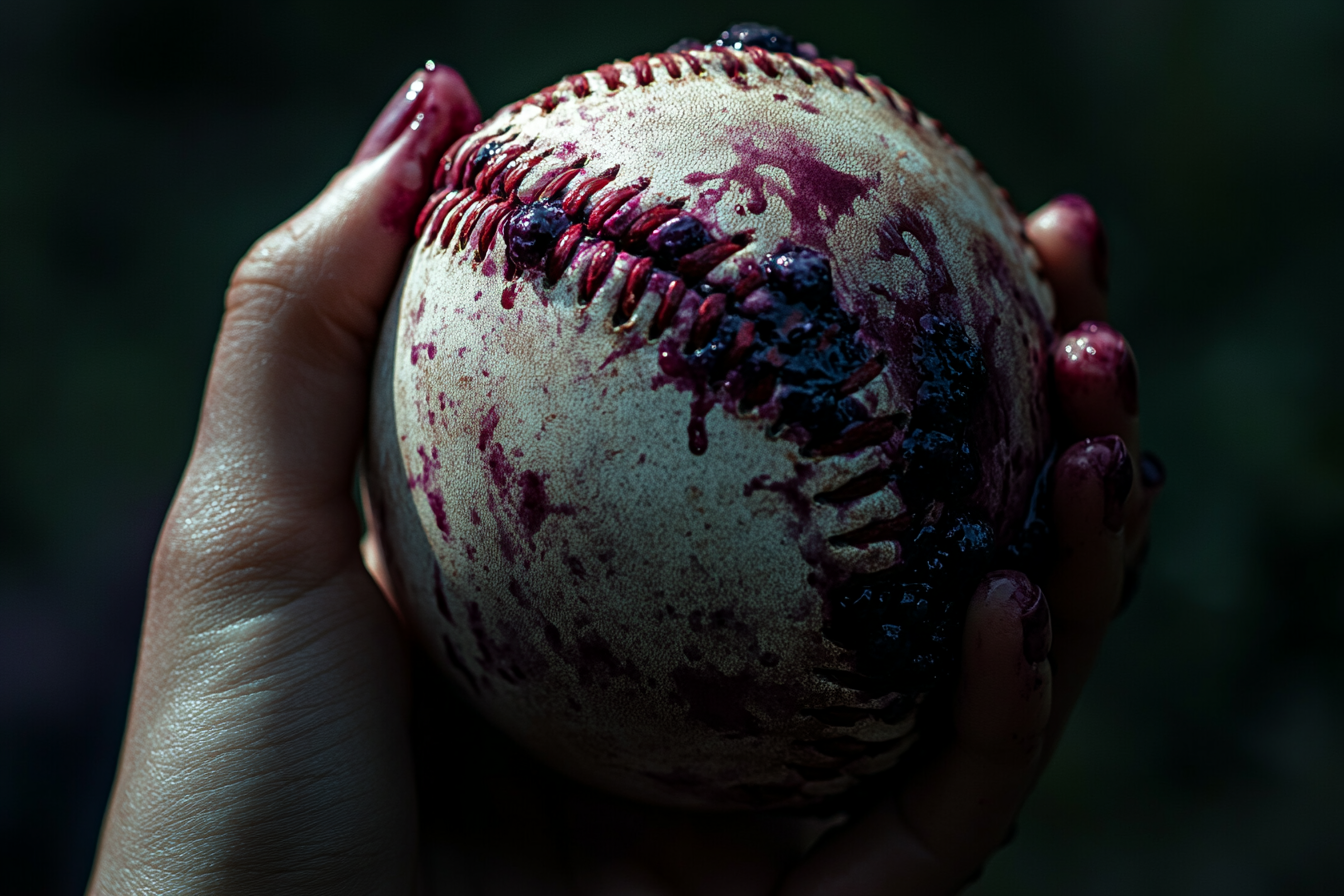 Una mujer con una pelota de béisbol manchada de tarta de arándanos | Fuente: Midjourney