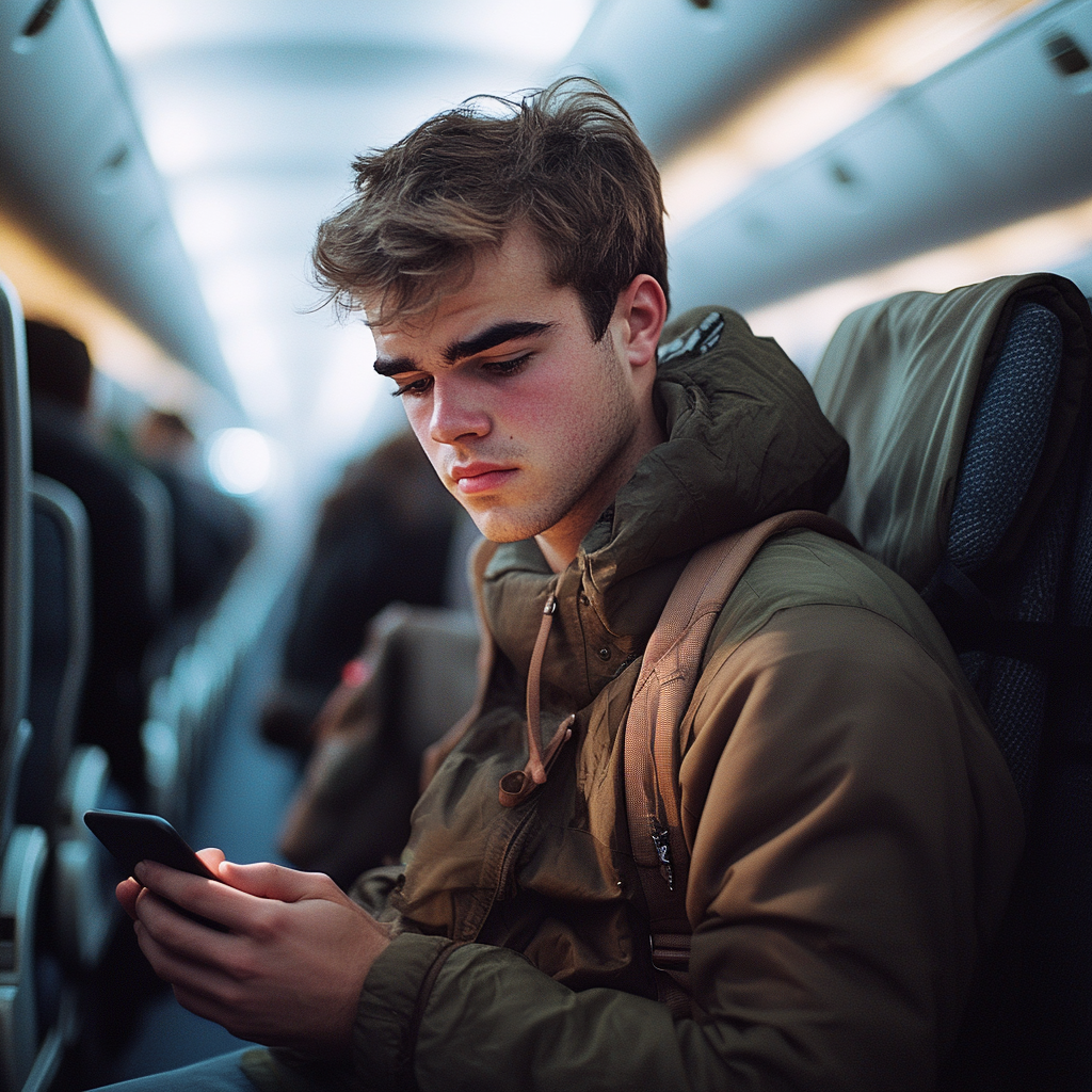 Un hombre mira su teléfono mientras está a bordo de un avión | Fuente: Midjourney