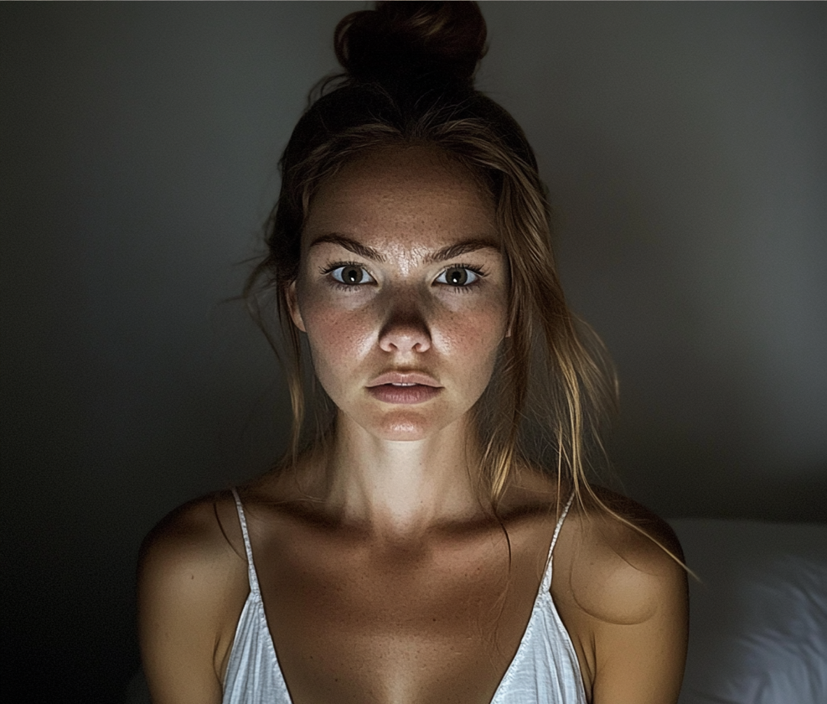 Una mujer de pie en un dormitorio | Fuente: Midjourney