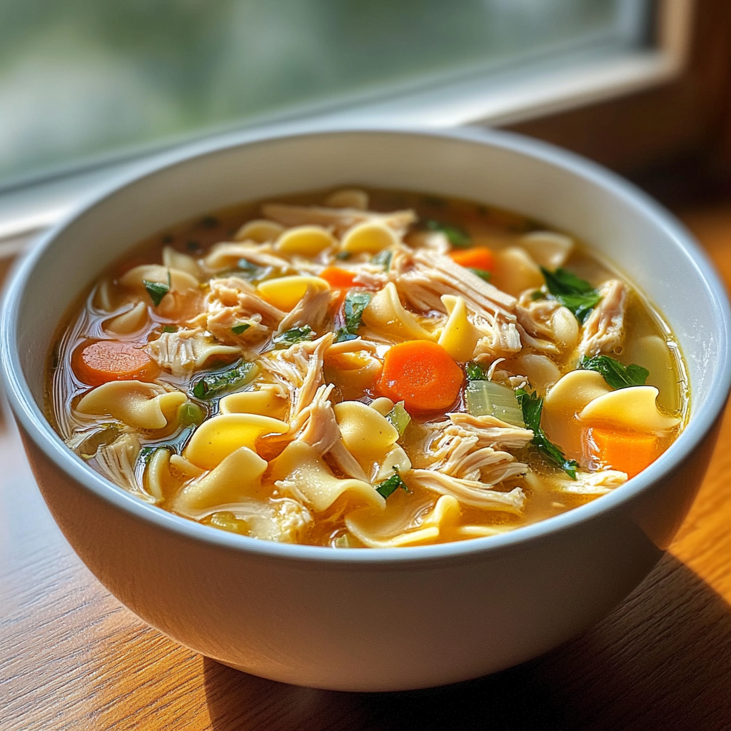 Un cuenco de sopa de pollo con fideos sobre una mesa | Fuente: Midjourney