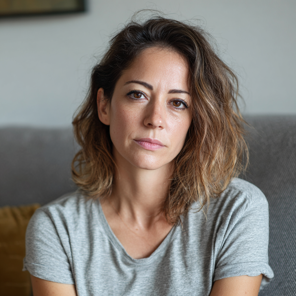 Una donna pensierosa seduta su un divano | Fonte: Midjourney