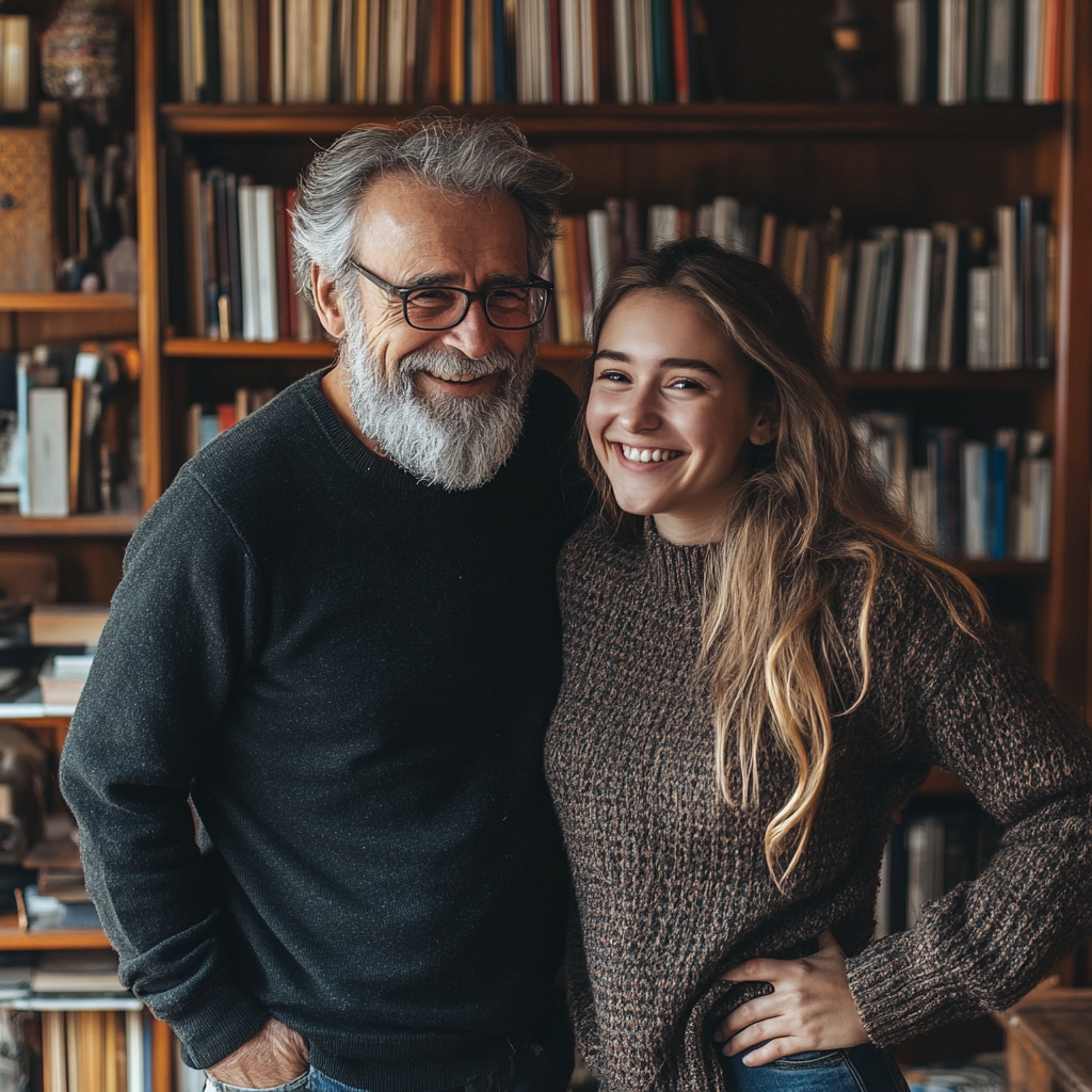 Un hombre feliz con su hija en una biblioteca | Fuente: Midjourney