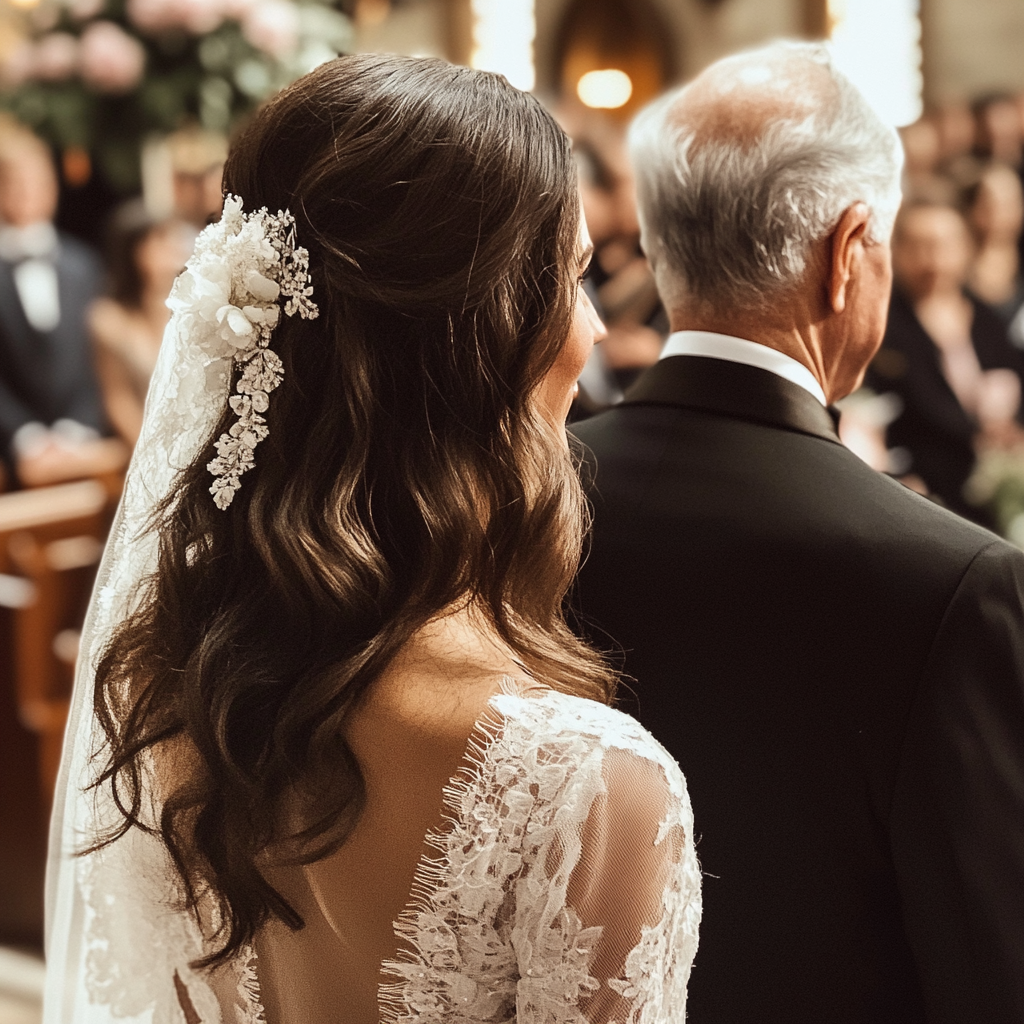 Una novia y su padre caminando hacia el altar | Fuente: Midjourney