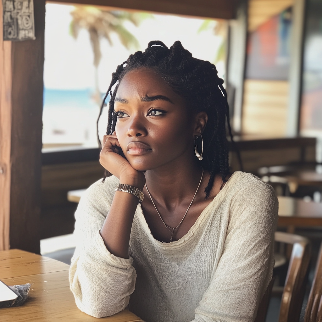 Una mujer sentada en una cafetería | Fuente: Midjourney