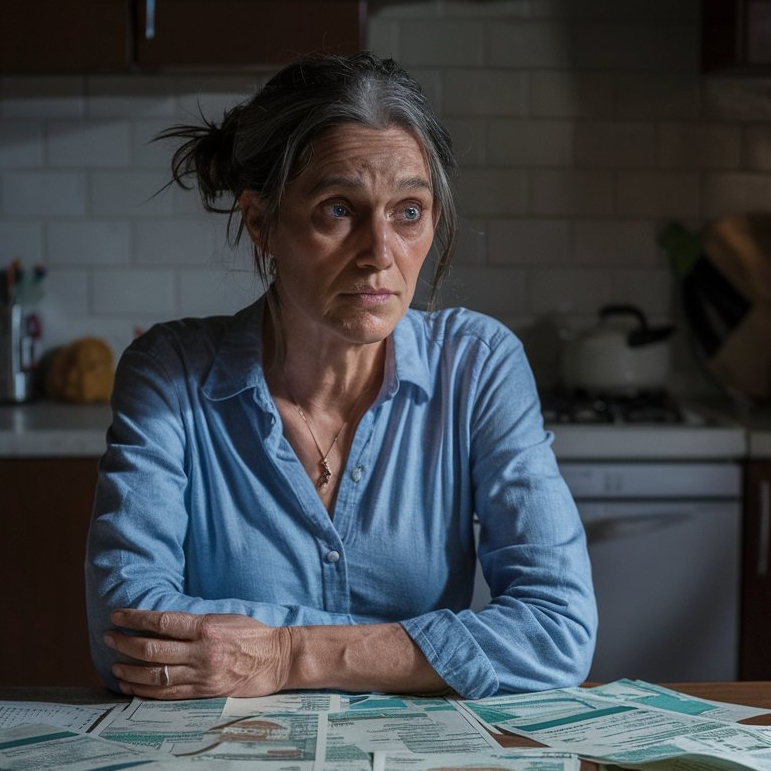 Una mujer sentada sola ante una mesa de cocina cubierta de billetes | Fuente: Midjourney