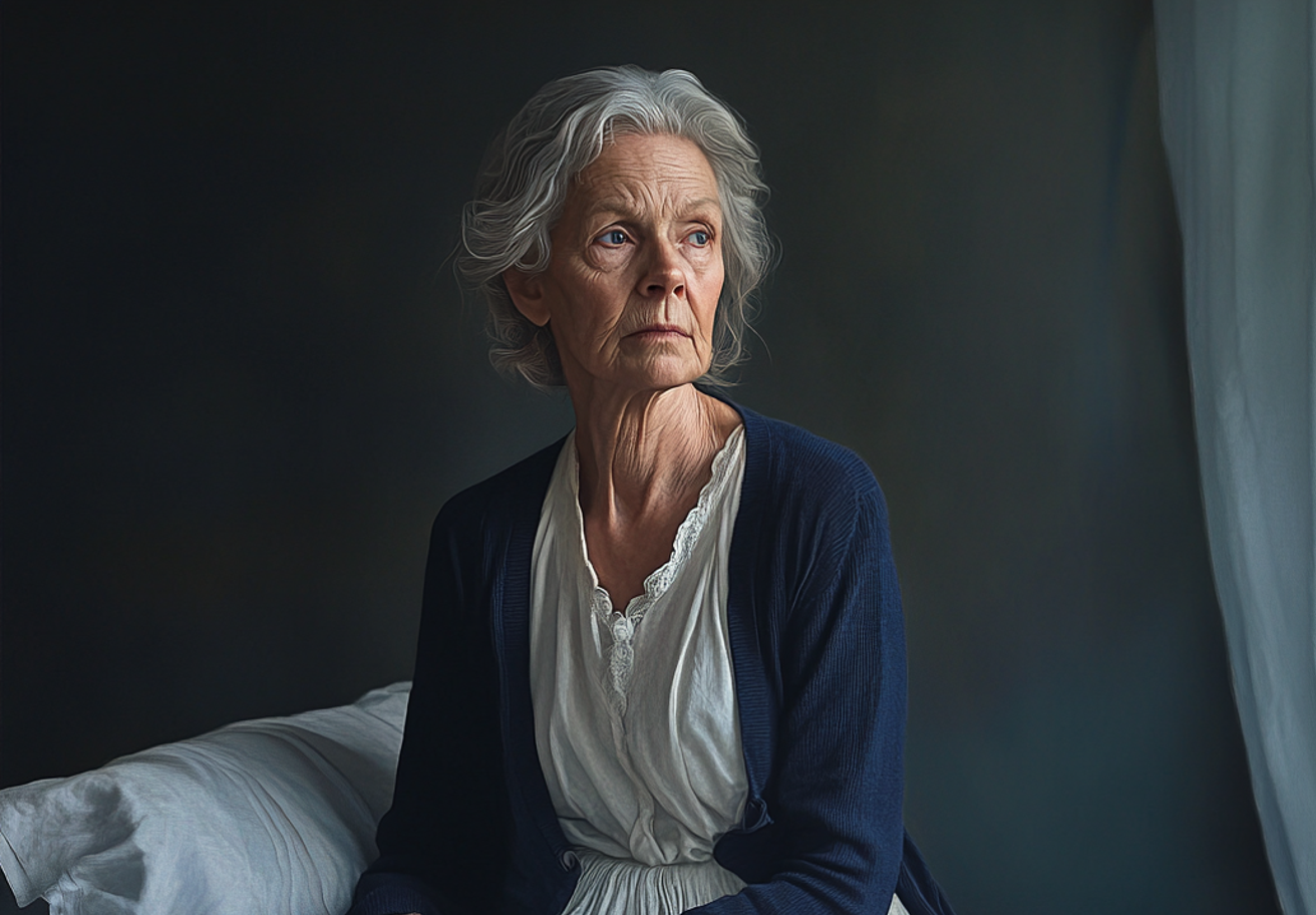 Una anciana sentada en una cama | Fuente: Midjourney