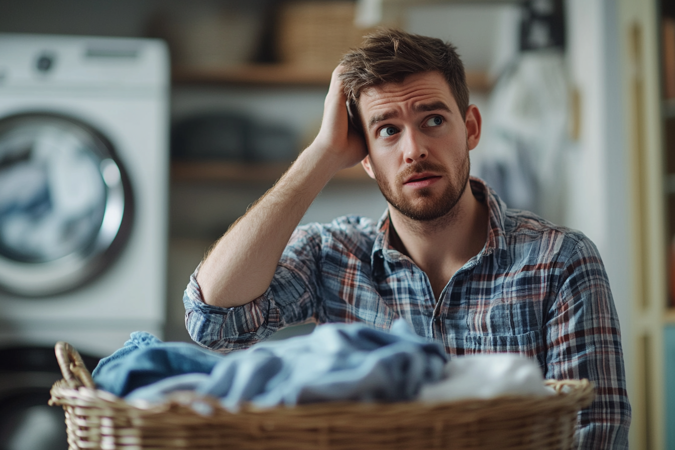 Un hombre con cara de perplejidad en una lavandería | Fuente: Midjourney