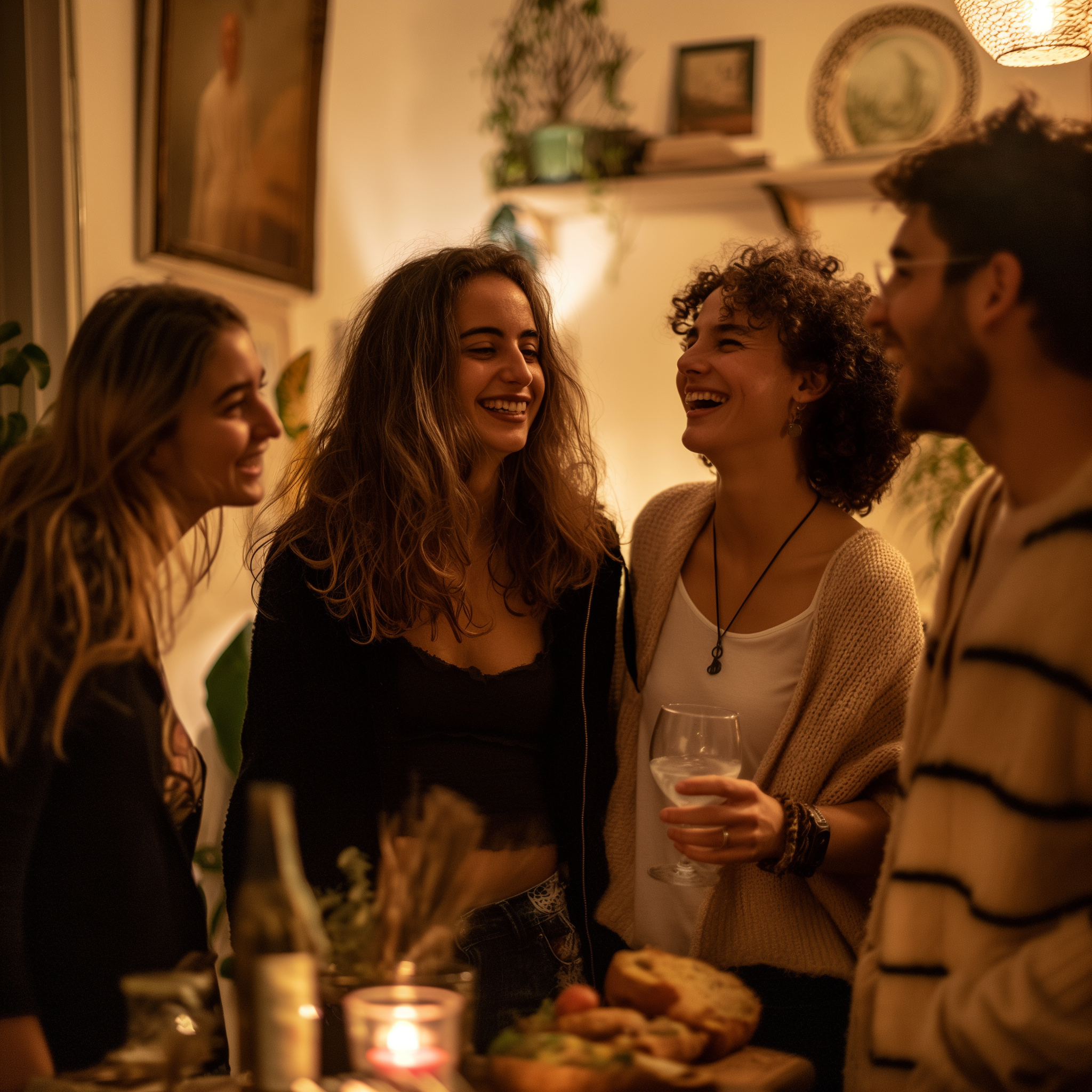 Amigos charlando y riendo durante una pequeña reunión en casa | Fuente: Midjourney