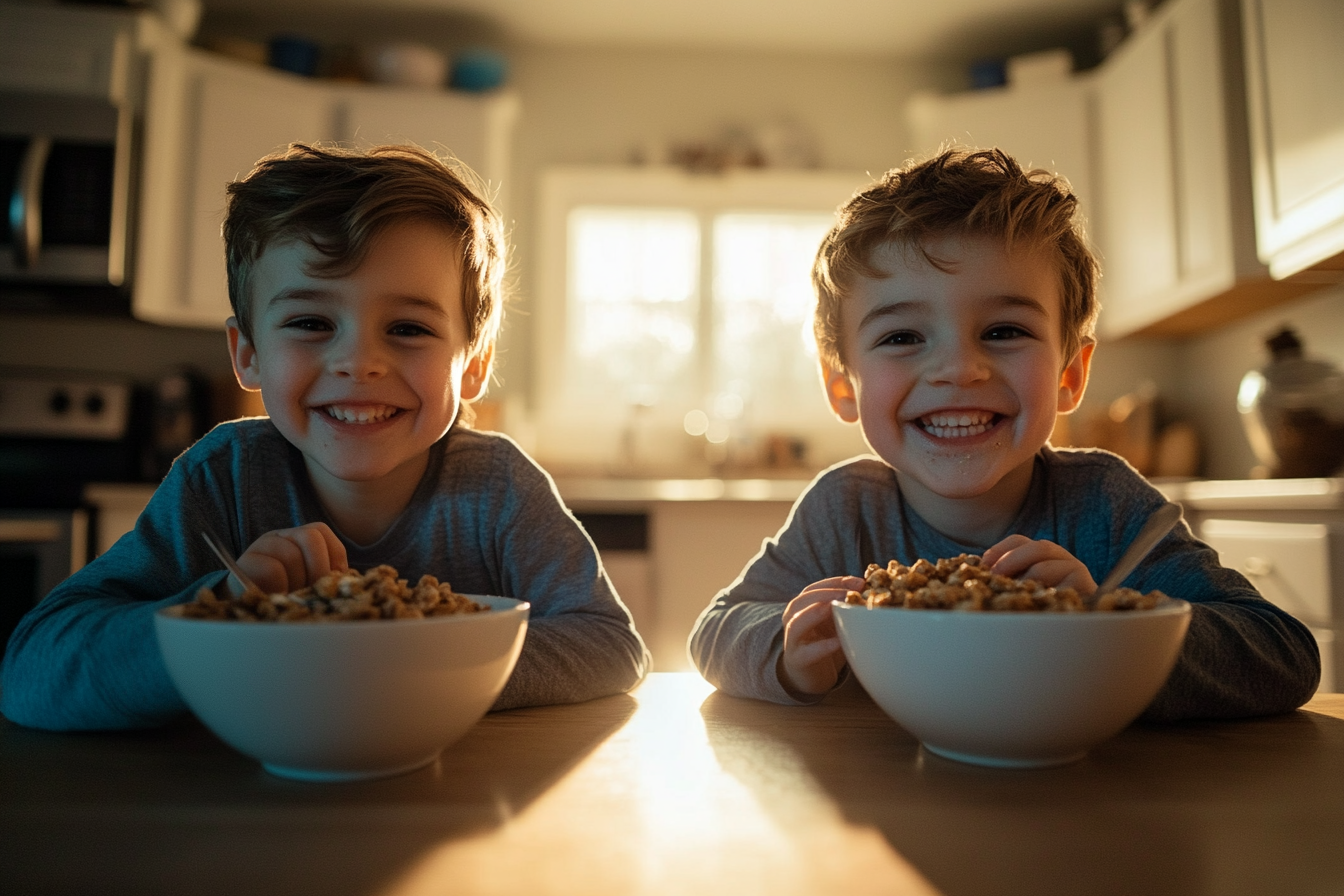 Dos gemelos de 7 años comiendo cereales en la mesa de la cocina por la mañana | Fuente: Midjourney