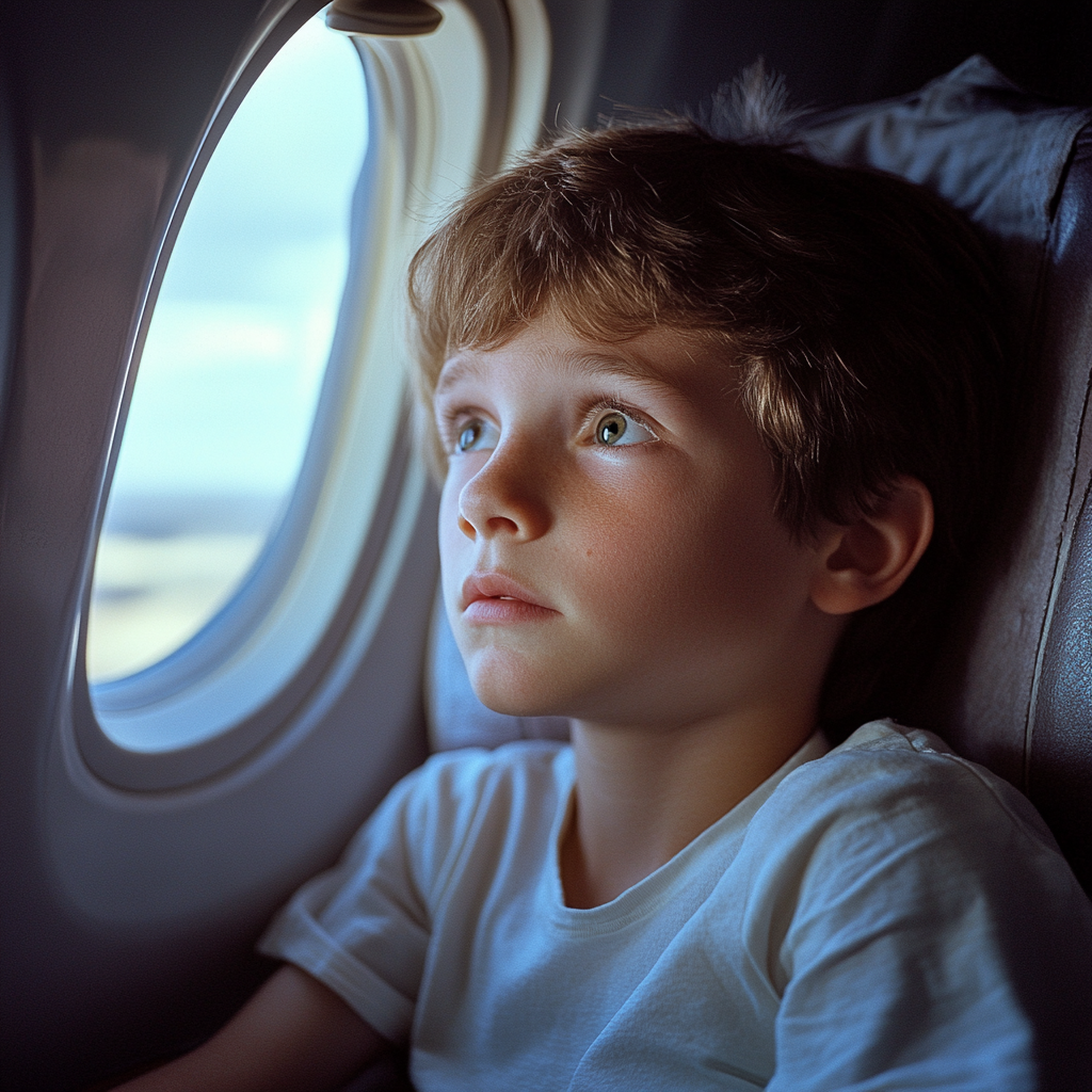 Un niño nervioso sentado en su asiento de avión | Fuente: Midjourney