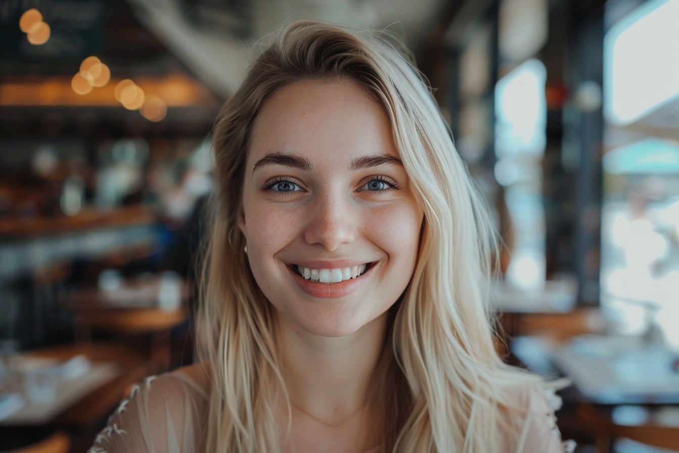 Una mujer sonriente en una cafetería | Fuente: Midjourney