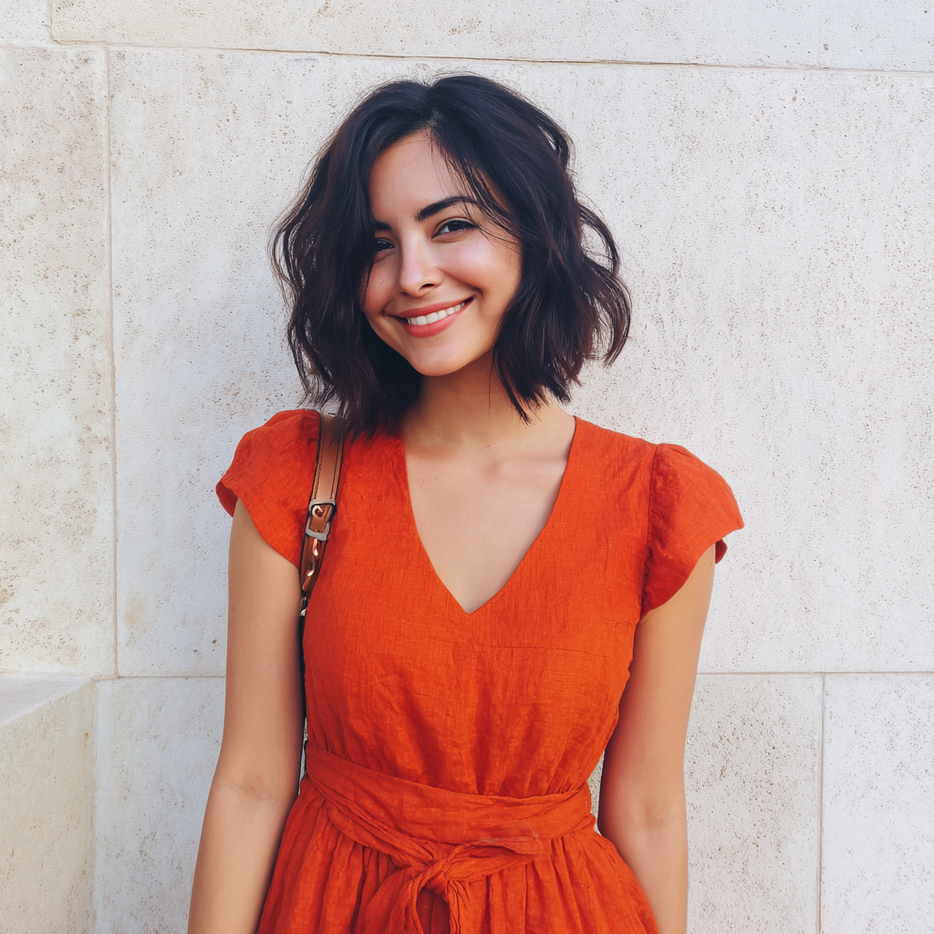 Una mujer sonriente con un vestido naranja | Fuente: Midjourney