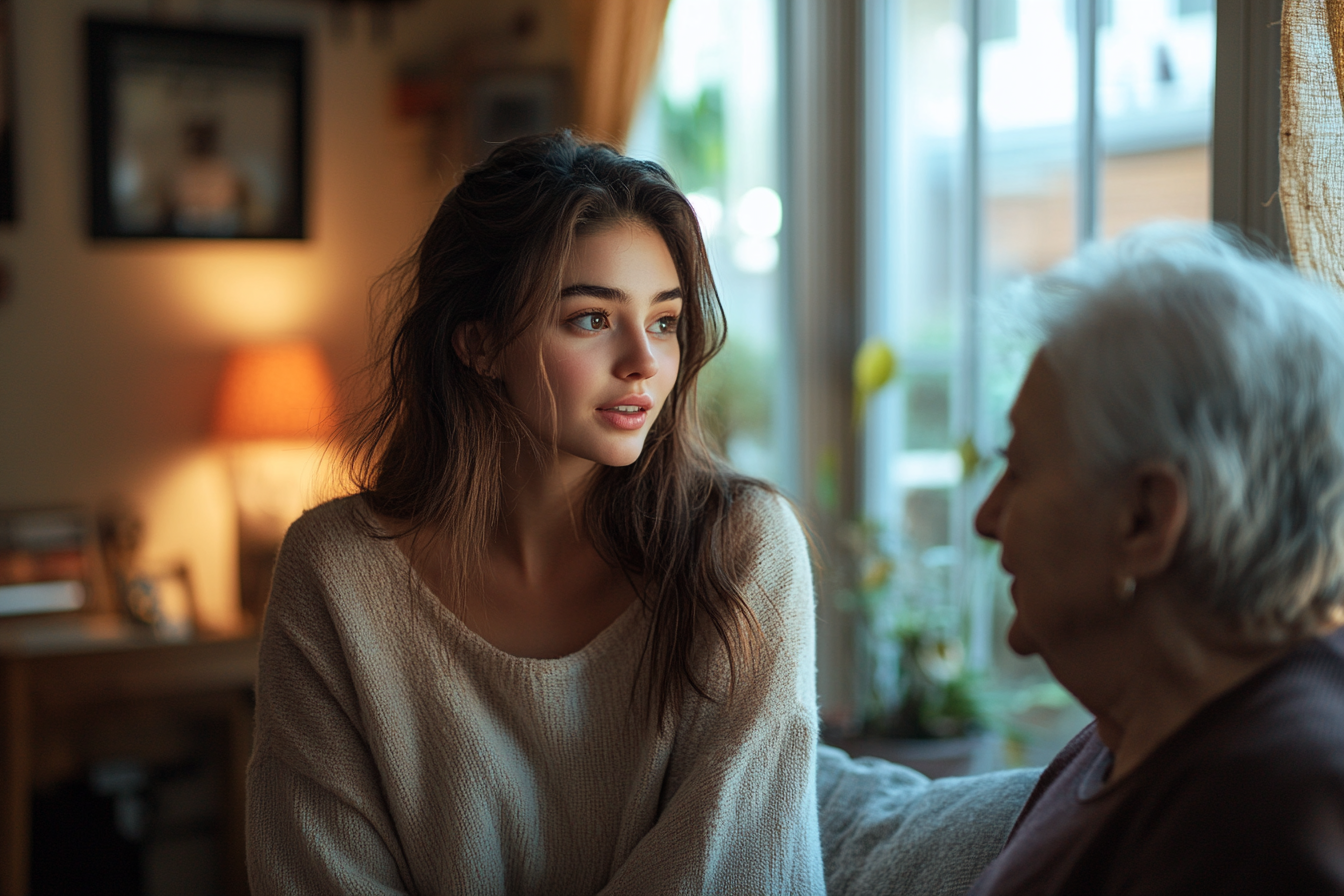 Una mujer joven y una mujer mayor manteniendo una conversación | Fuente: Midjourney