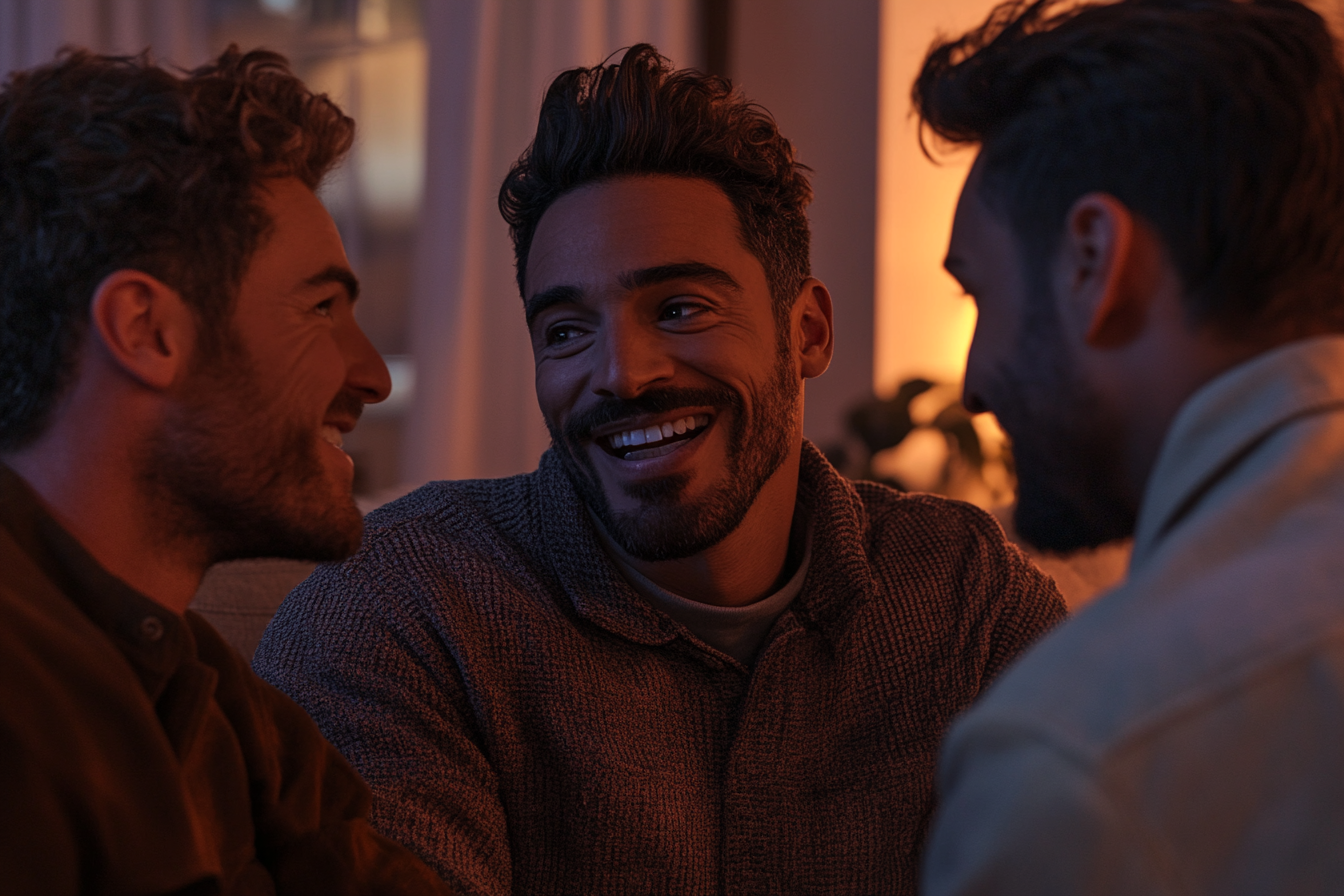Tres amigos sentados en un salón | Fuente: Midjourney