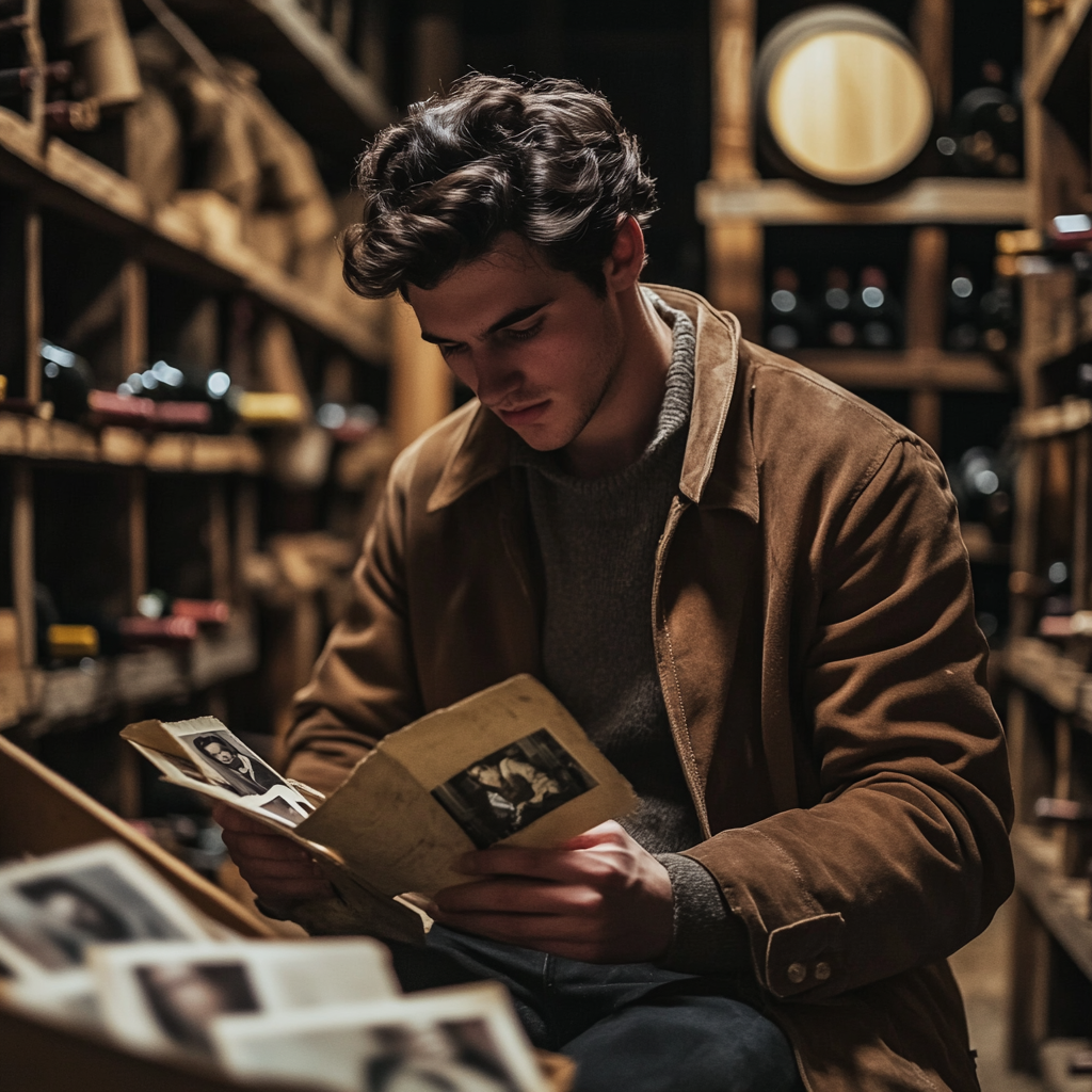 Un hombre mirando fotos en una bodega | Fuente: Midjourney