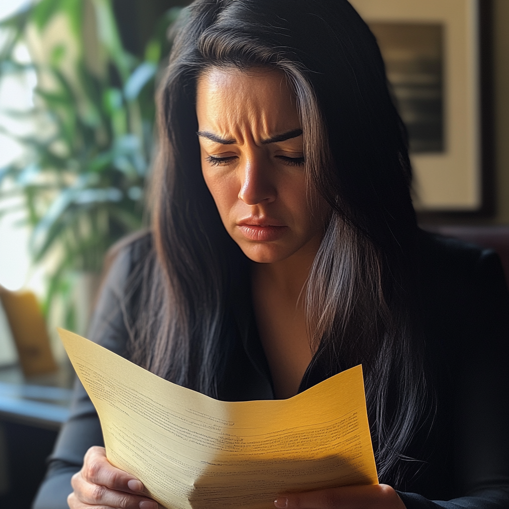 Una mujer leyendo un papel | Fuente: Midjourney