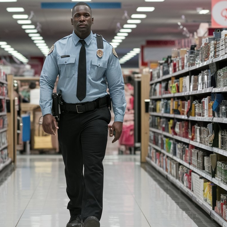 Un guardia de seguridad caminando por el pasillo de unos grandes almacenes | Fuente: Midjourney