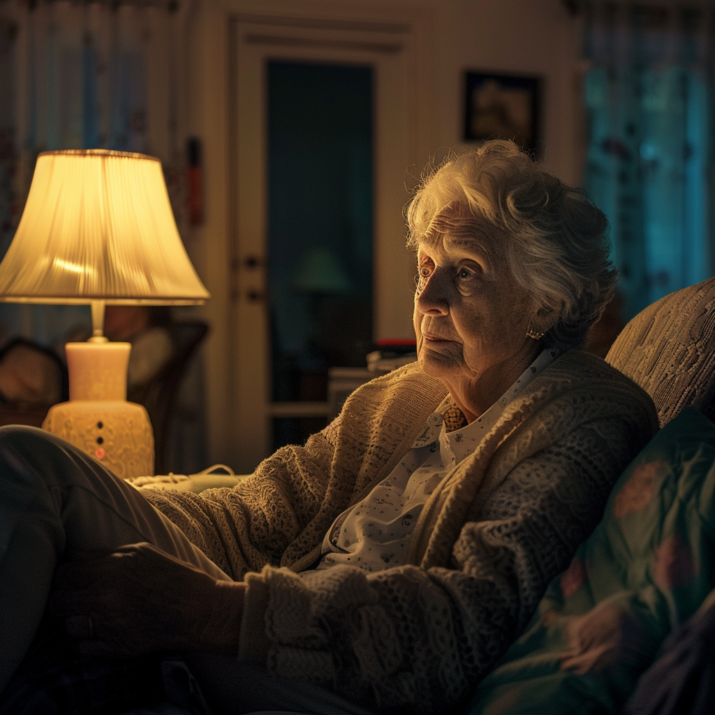 Una abuela sintiendo nostalgia sentada en un sofá por la noche | Fuente: Midjourney