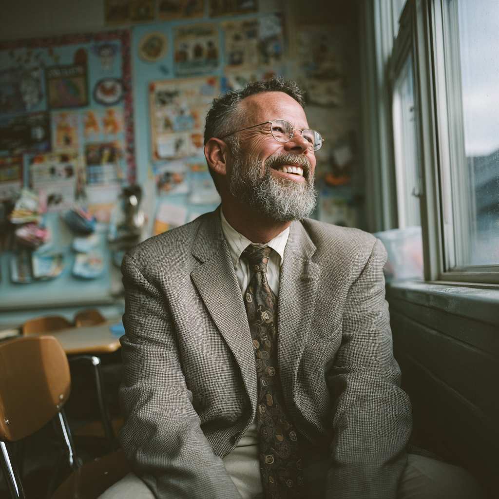 Un hombre riéndose mientras está sentado en una silla pequeña | Fuente: Midjourney