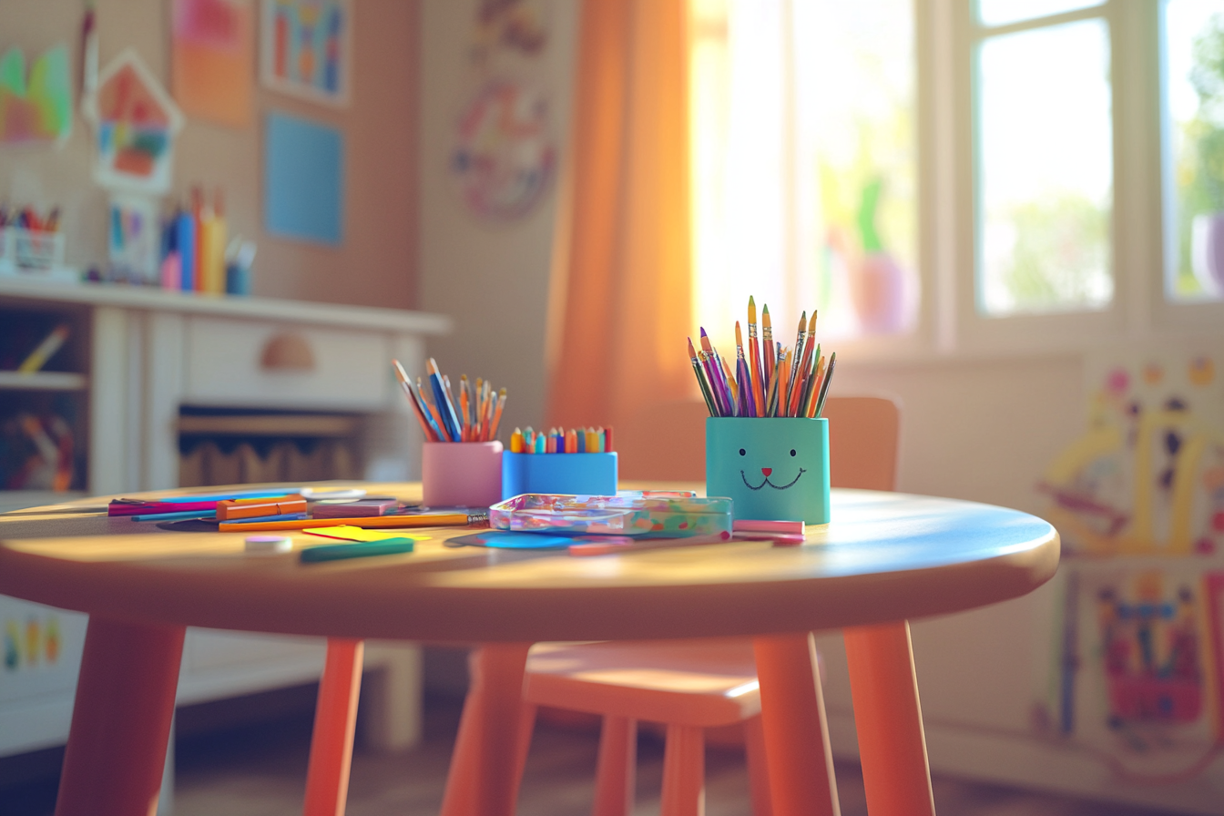 Una mesa con materiales de arte en la habitación de un niño | Fuente: Midjourney