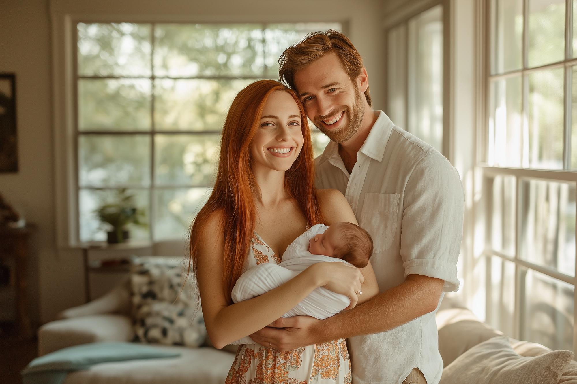 Una pareja sonríe de pie, sosteniendo a un bebé en el interior de una hermosa casa | Fuente: Midjourney