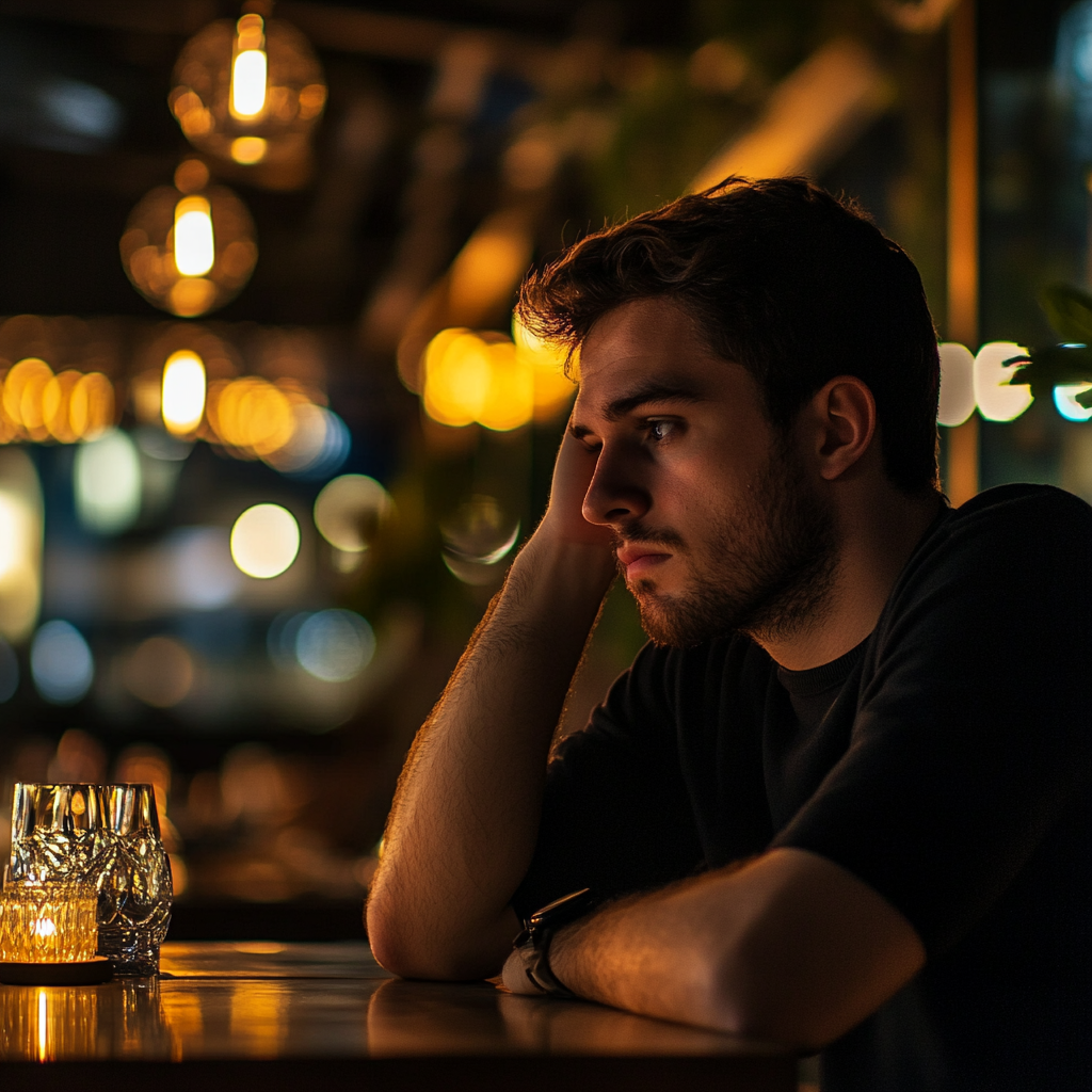 Un hombre triste en un restaurante | Fuente: Midjourney