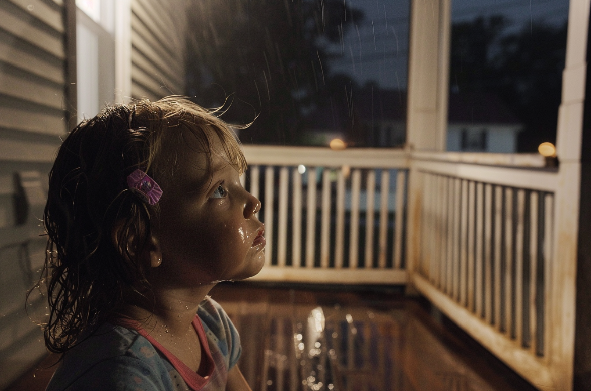 Una niña pequeña en un porche de noche | Fuente: MidJourney