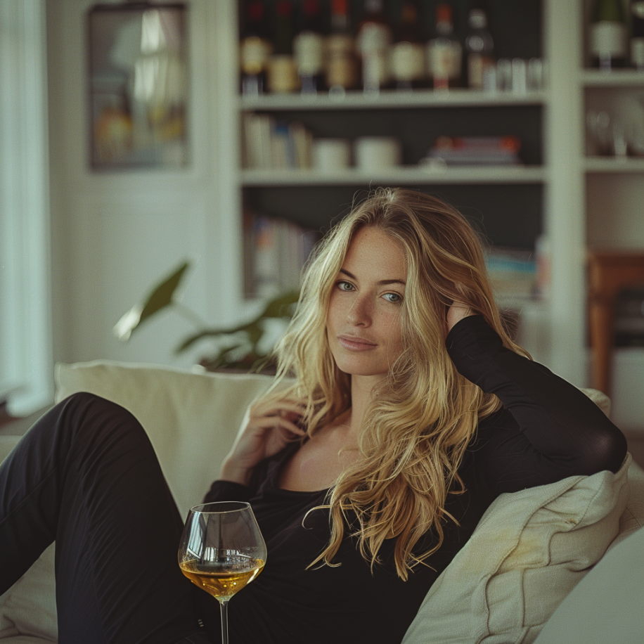 Una mujer relajándose en el sofá con una copa de vino | Fuente: Midjourney