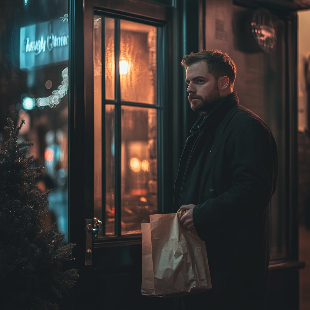 Un hombre con bolsas de comida para llevar cerca de la puerta de un Apartamento | Fuente: Midjourney