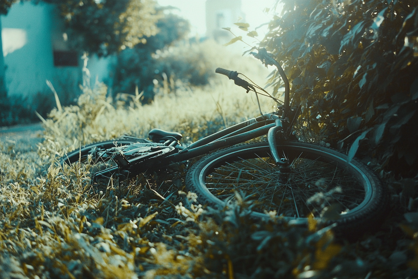 Una bici abandonada en un césped cubierto de maleza | Fuente: Midjourney