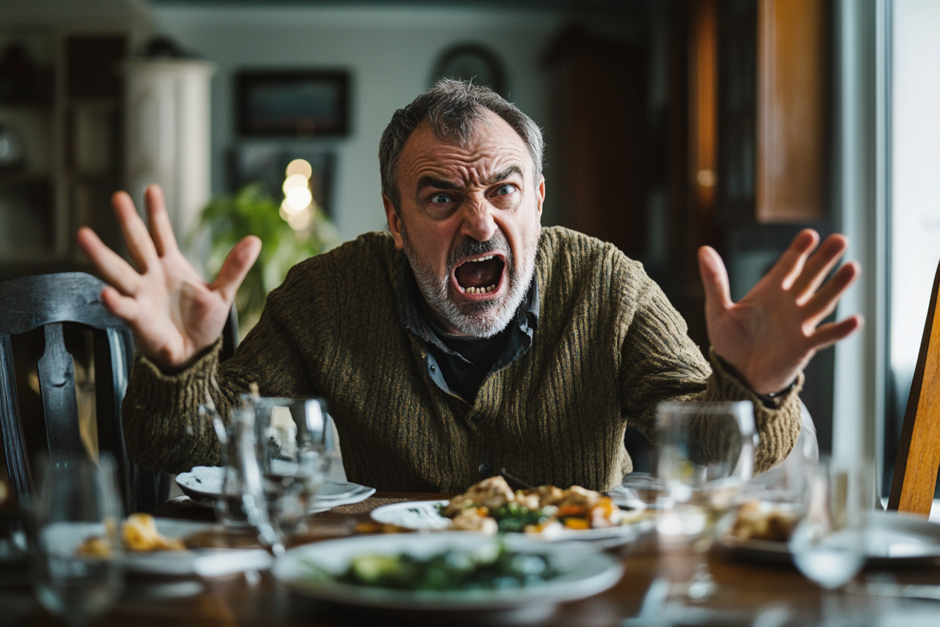 Un hombre gesticulando airadamente durante la cena | Fuente: Midjourney