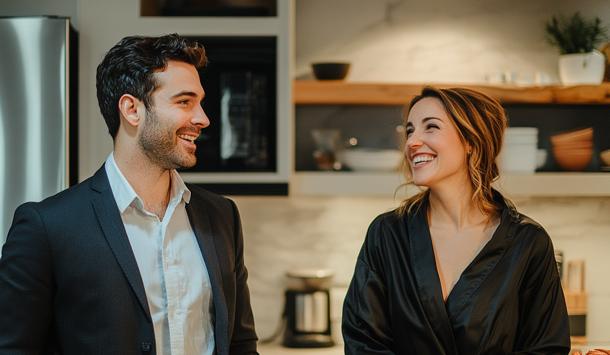 Una pareja sonriéndose en una cocina | Fuente: Midjourney