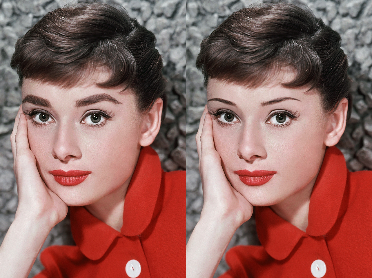Las emblemáticas cejas de Audrey Hepburn de los años 50 frente a un look de cejas finas editado digitalmente | Fuente: Getty Images