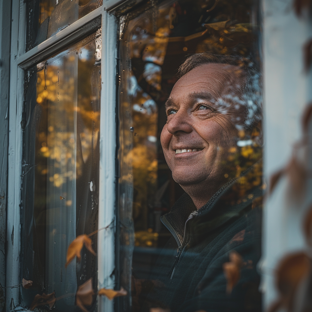 Un hombre se ríe mientras mira por la ventana de su casa | Fuente: Midjourney